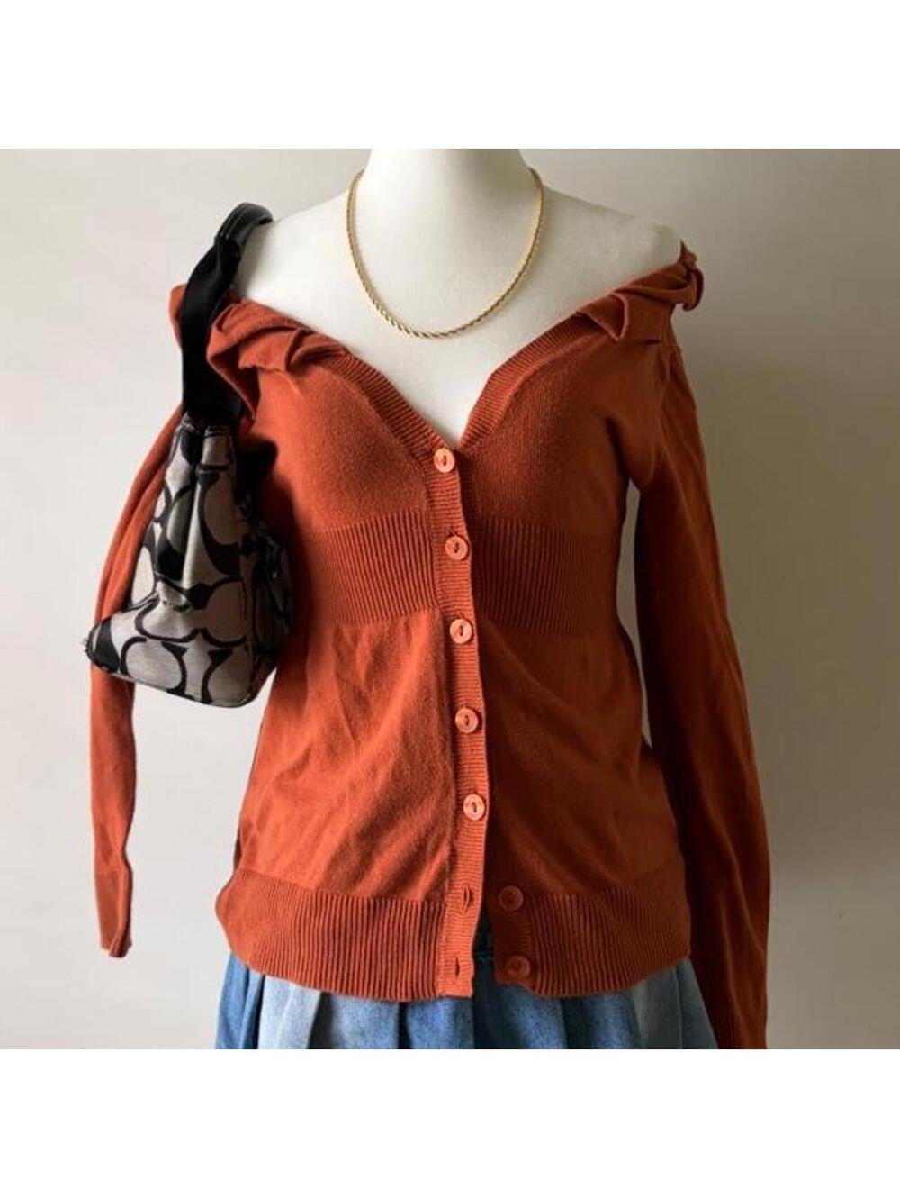 Y2K Rust Ruffle Cardigan Elle Off Shoulder Coquette Knit Button Front Sweater